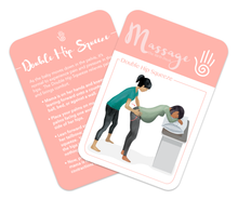 Flashcard for Labor, back of card has instructions, front of card has illustration of comfort technique:  Asian woman squeezing pregnant woman of color's hips with the heels of her hands which the pregnant woman is leaning forward onto a pillow on a counter.