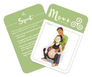 Flashcard for Labor, back of card has instructions, front of card has illustration of comfort technique:  Man of color sitting on a bed, supporting a white pregnant woman while she squats between his legs while in labor.